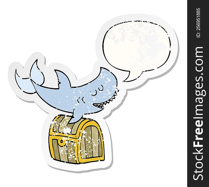 cartoon shark swimming over treasure chest with speech bubble distressed distressed old sticker. cartoon shark swimming over treasure chest with speech bubble distressed distressed old sticker