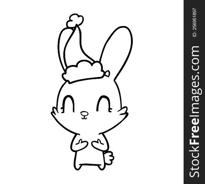 Cute Line Drawing Of A Rabbit Wearing Santa Hat