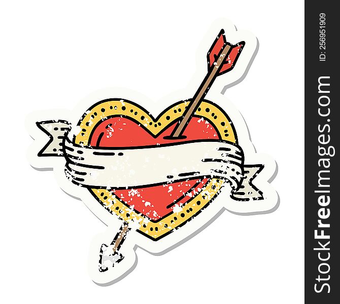 Traditional Distressed Sticker Tattoo Of An Arrow Heart And Banner