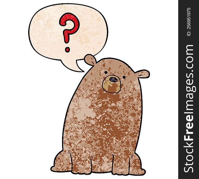 cartoon curious bear with speech bubble in retro texture style