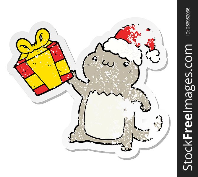 distressed sticker of a cute cartoon christmas cat