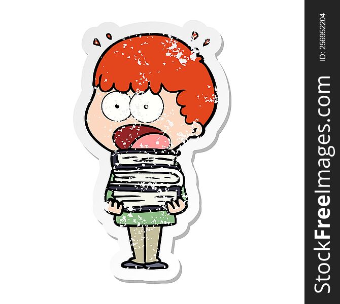 distressed sticker of a cartoon shocked boy with stack of books