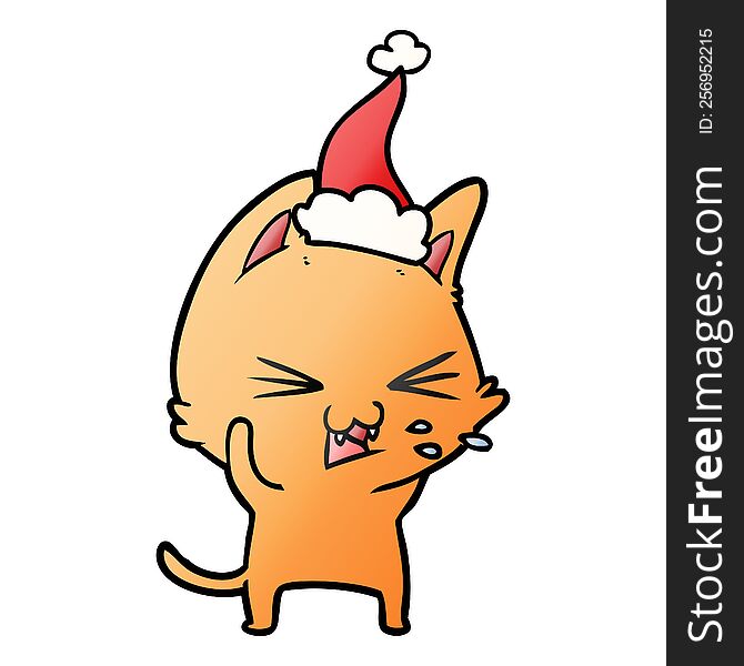 hand drawn gradient cartoon of a cat hissing wearing santa hat