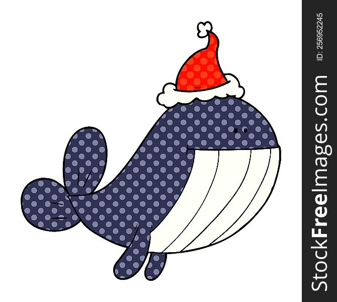 hand drawn comic book style illustration of a whale wearing santa hat