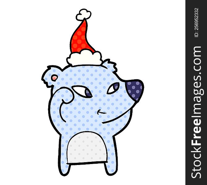 Cute Comic Book Style Illustration Of A Bear Wearing Santa Hat