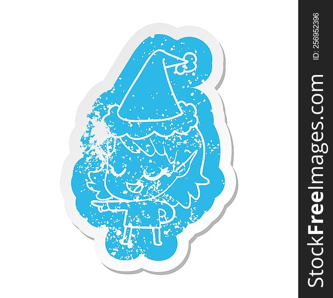 Happy Cartoon Distressed Sticker Of A Elf Girl Pointing Wearing Santa Hat