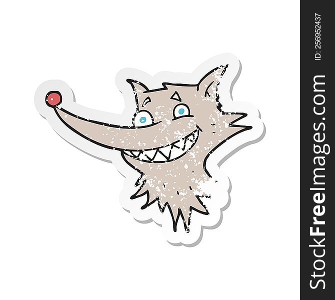 retro distressed sticker of a cartoon grinning wolf face