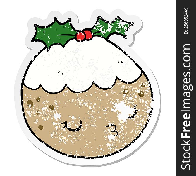 Distressed Sticker Of A Cute Cartoon Christmas Pudding