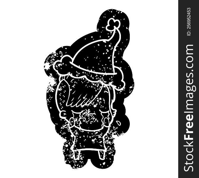 Cartoon Distressed Icon Of A Crying Girl Wearing Santa Hat
