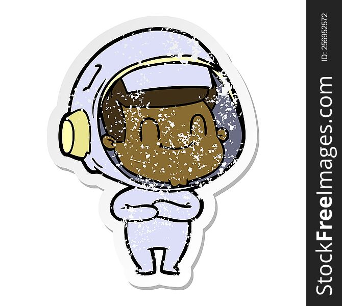 Distressed Sticker Of A Happy Cartoon Astronaut Man