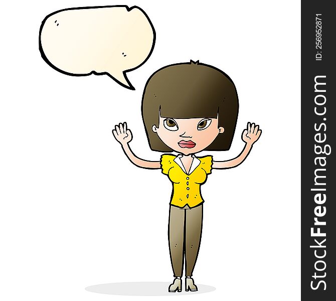 cartoon woman with raised hands with speech bubble