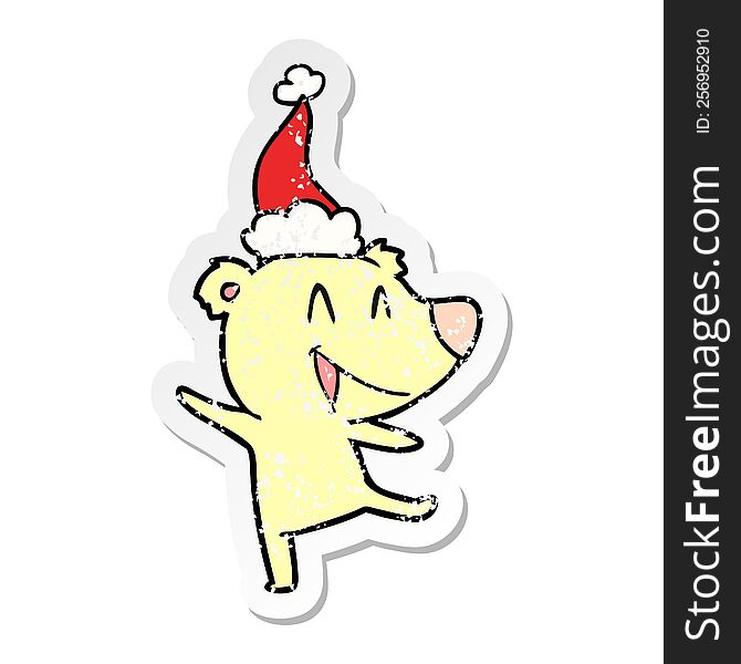 laughing bear hand drawn distressed sticker cartoon of a wearing santa hat. laughing bear hand drawn distressed sticker cartoon of a wearing santa hat