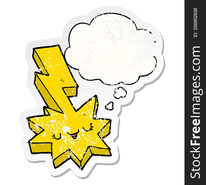 cartoon lightning strike with thought bubble as a distressed worn sticker