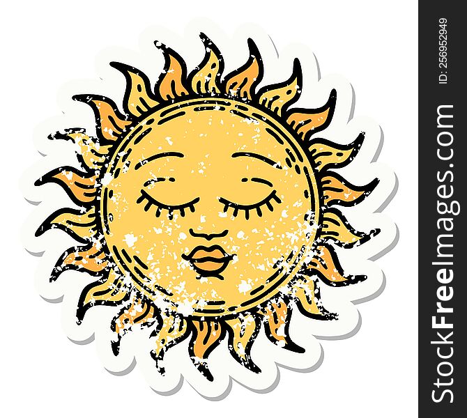Traditional Distressed Sticker Tattoo Of A Sun