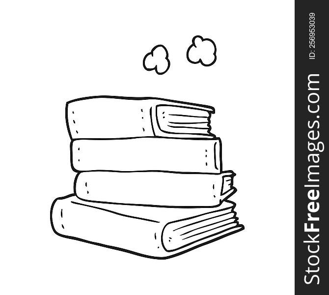 freehand drawn black and white cartoon stack of books
