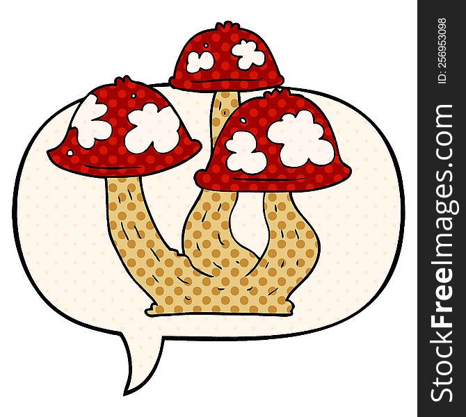cartoon mushrooms with speech bubble in comic book style