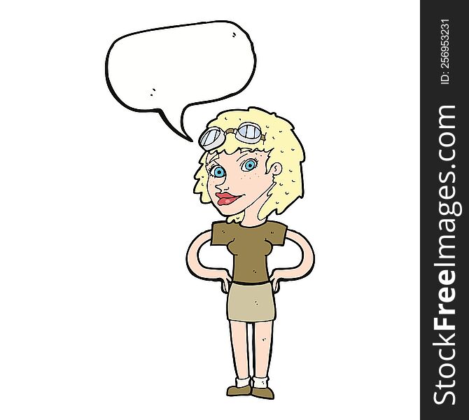 Cartoon Retro Pilot Woman With Speech Bubble