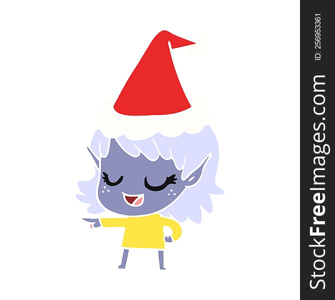 happy hand drawn flat color illustration of a elf girl pointing wearing santa hat