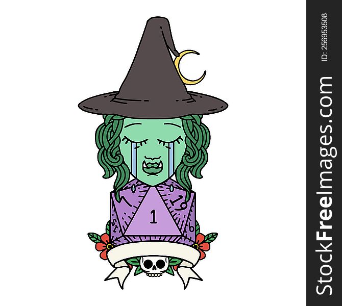 Retro Tattoo Style crying half orc witch character with natural one roll. Retro Tattoo Style crying half orc witch character with natural one roll