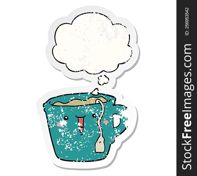 cute cartoon coffee cup with thought bubble as a distressed worn sticker