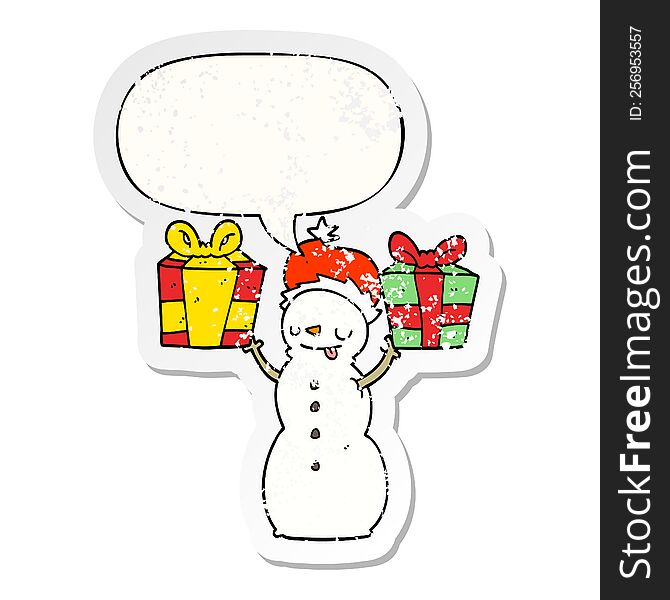 Cartoon Snowman And Present And Speech Bubble Distressed Sticker