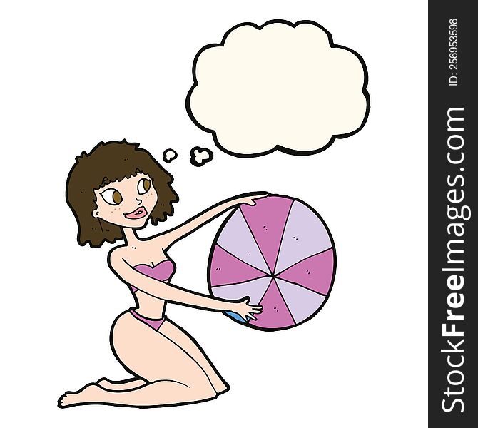 cartoon bikini girl with beach ball with thought bubble