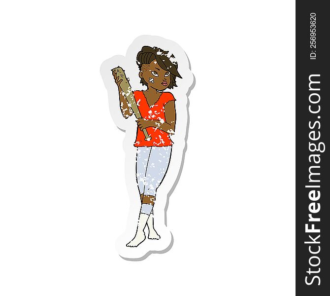 Retro Distressed Sticker Of A Cartoon Pretty Punk Girl With Baseball Bat