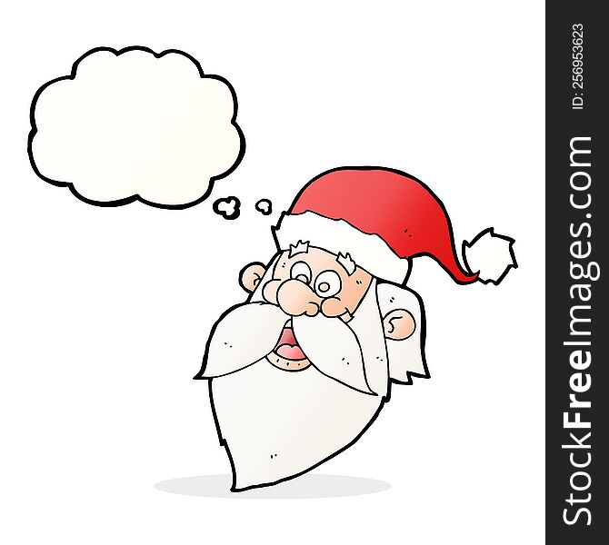 cartoon jolly santa claus face with thought bubble