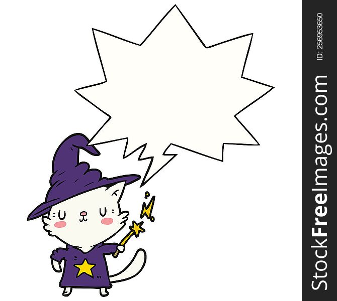 magical amazing cartoon cat wizard and speech bubble