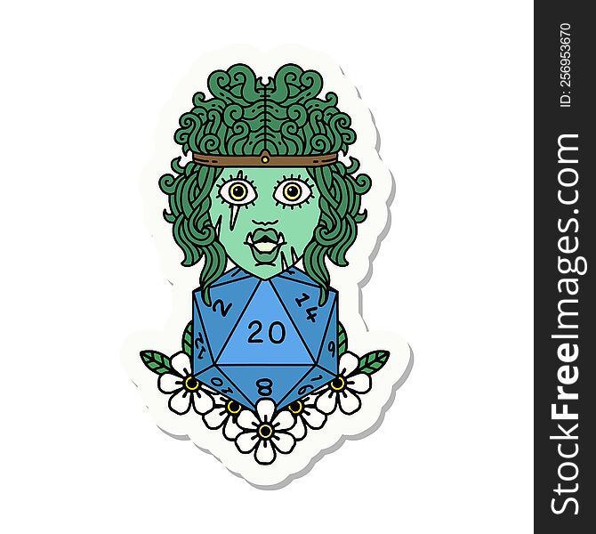 sticker of a orc barbarian with natural twenty dice roll. sticker of a orc barbarian with natural twenty dice roll