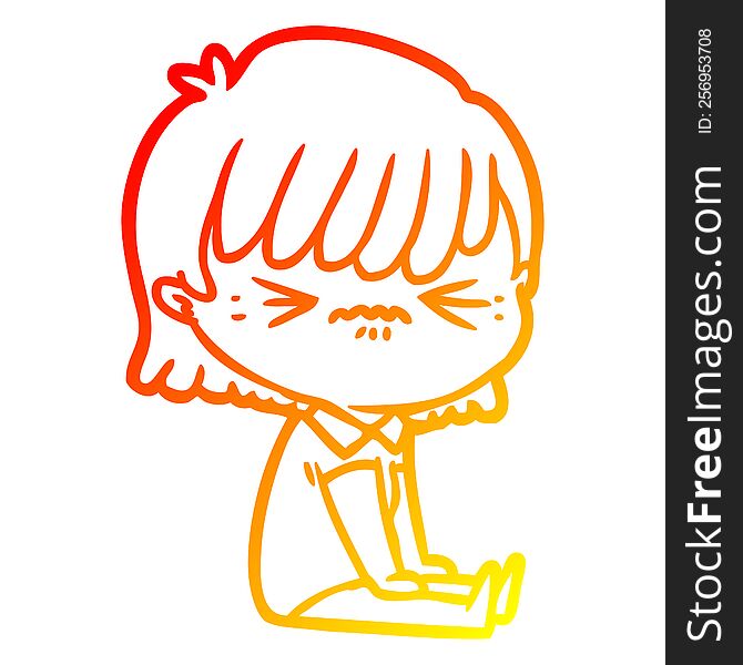 Warm Gradient Line Drawing Annoyed Cartoon Girl Sitting