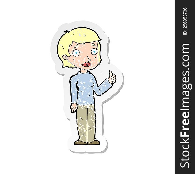 retro distressed sticker of a cartoon woman giving thumbs up symbol