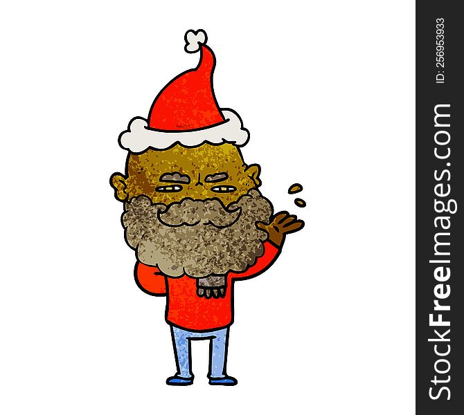 Textured Cartoon Of A Dismissive Man With Beard Frowning Wearing Santa Hat