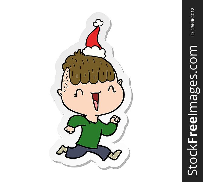hand drawn sticker cartoon of a happy boy surprised wearing santa hat