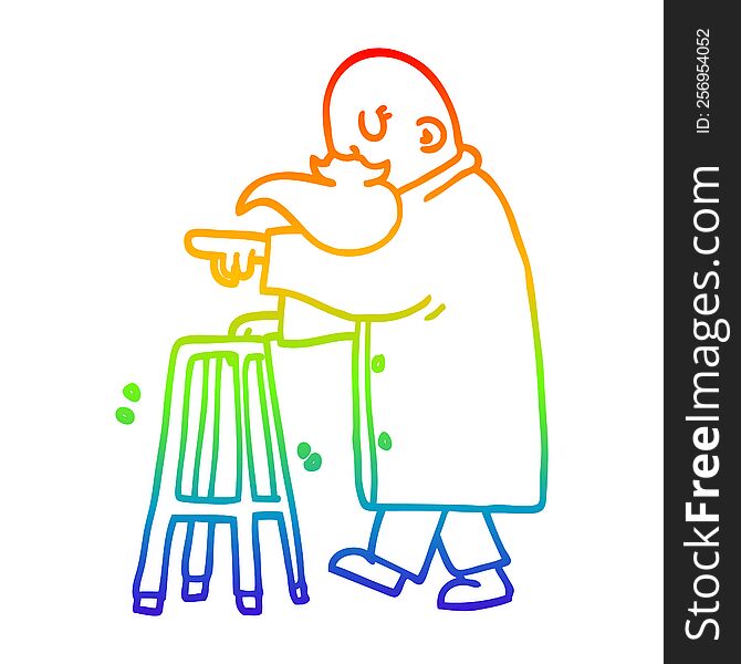 Rainbow Gradient Line Drawing Cartoon Old Man Pointing