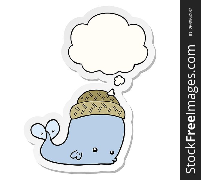 cartoon whale wearing hat with thought bubble as a printed sticker