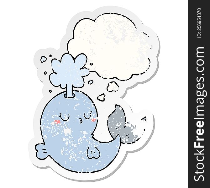 cartoon whale spouting water and thought bubble as a distressed worn sticker