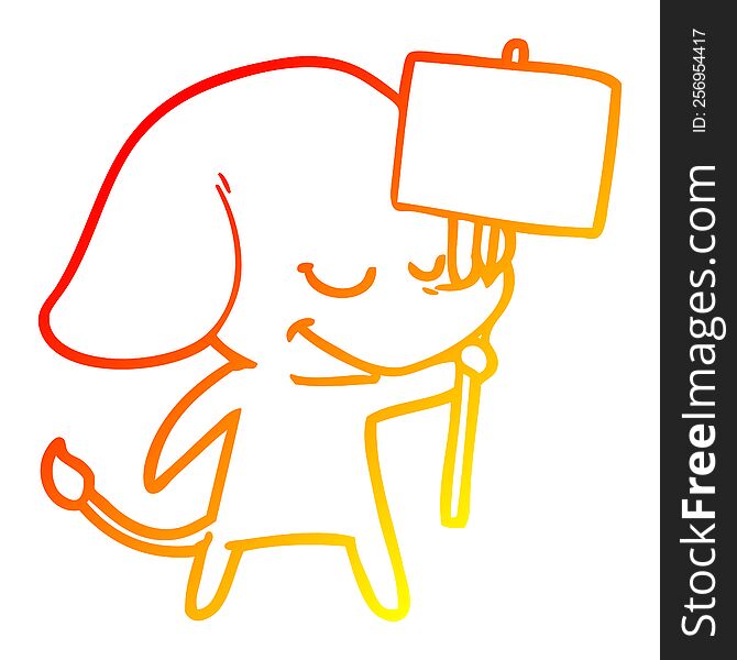 warm gradient line drawing of a cartoon smiling elephant with placard