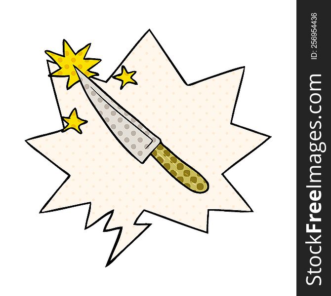 Cartoon Sharp Kitchen Knife And Speech Bubble In Comic Book Style