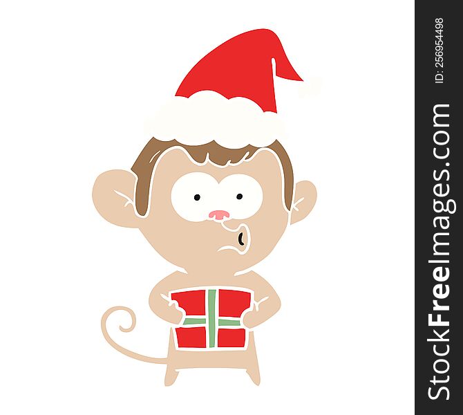 hand drawn flat color illustration of a christmas monkey wearing santa hat