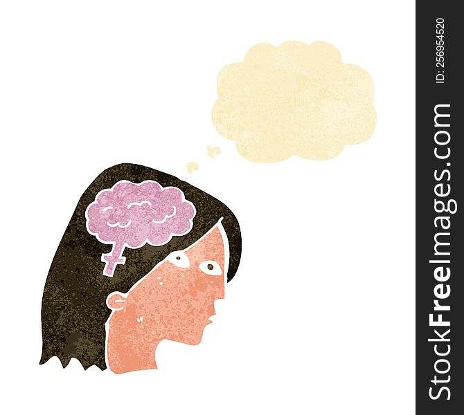 cartoon female head with brain symbol with thought bubble