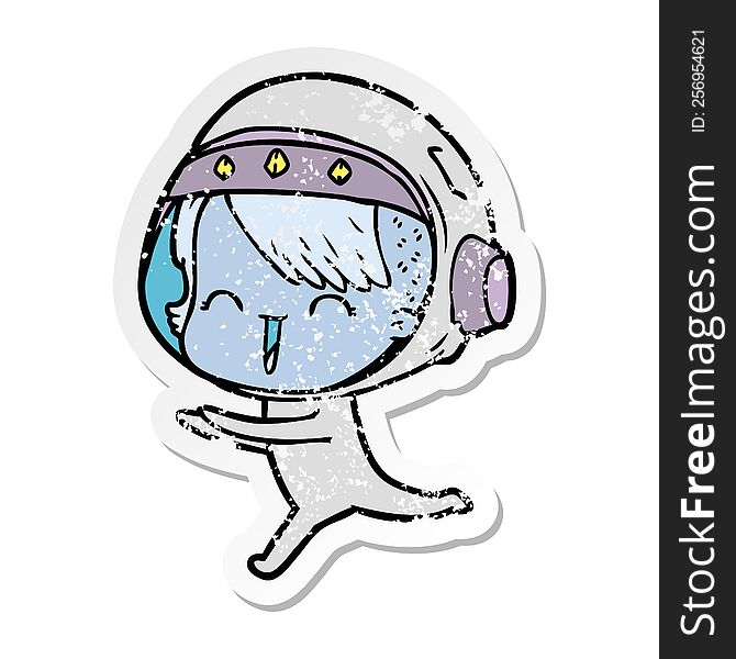 distressed sticker of a happy cartoon space girl