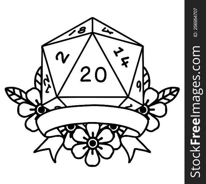 Black and White Tattoo linework Style natural 20 critical hit D20 dice roll. Black and White Tattoo linework Style natural 20 critical hit D20 dice roll