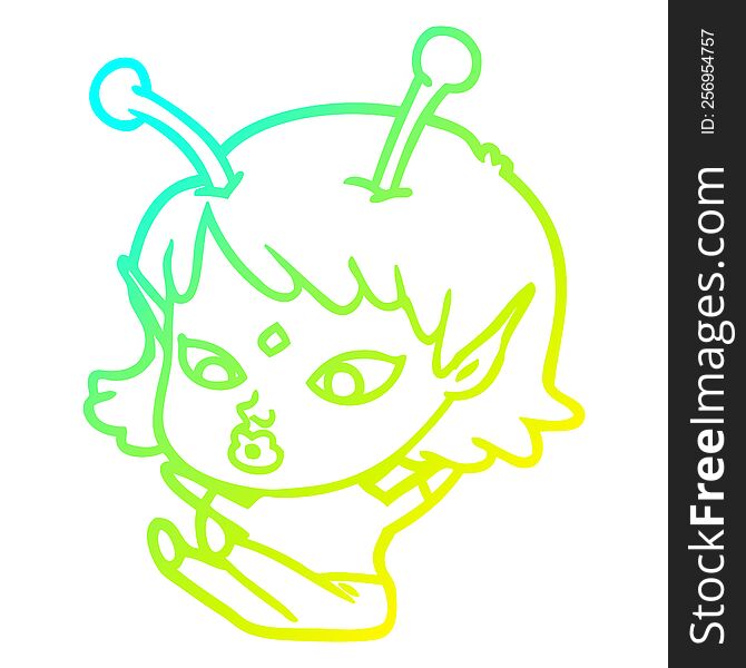 cold gradient line drawing of a pretty cartoon alien girl sitting