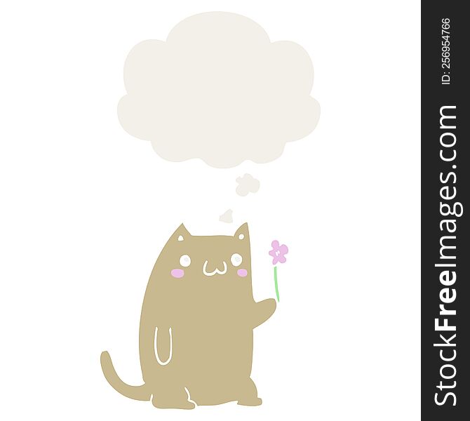 Cute Cartoon Cat With Flower And Thought Bubble In Retro Style