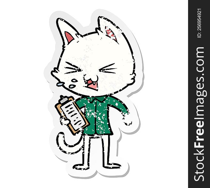 distressed sticker of a cartoon salesman cat hissing
