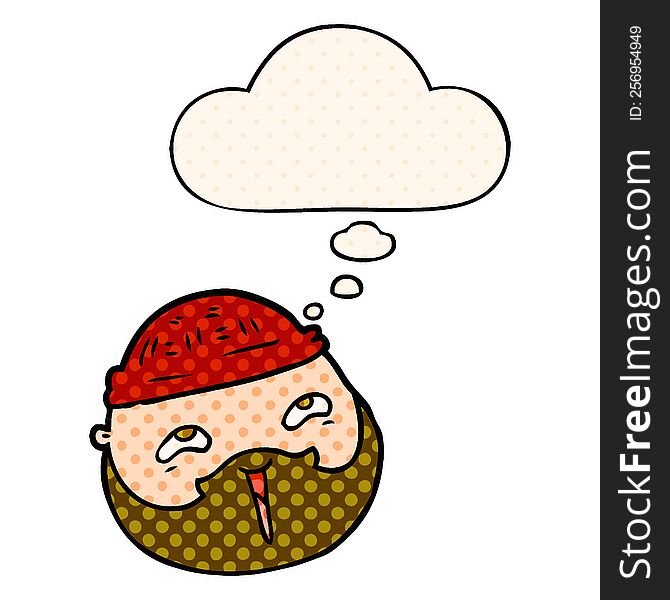 cartoon male face with beard with thought bubble in comic book style