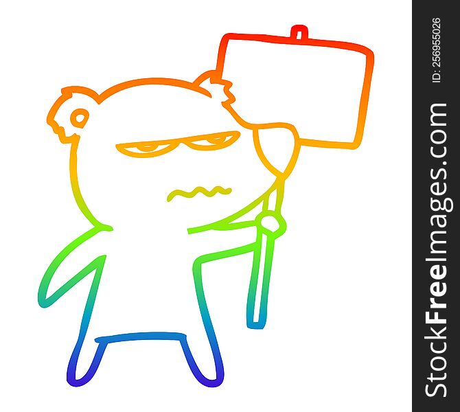 rainbow gradient line drawing of a angry bear cartoon holding placard
