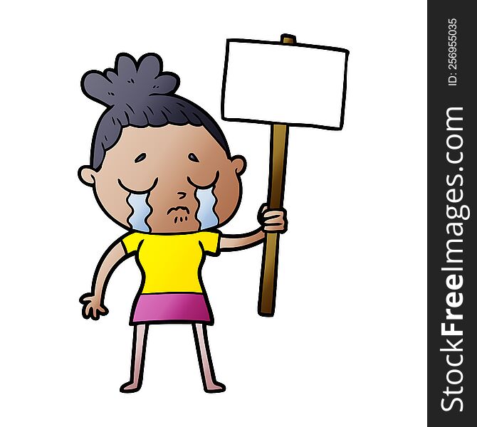 cartoon crying woman with protest sign. cartoon crying woman with protest sign