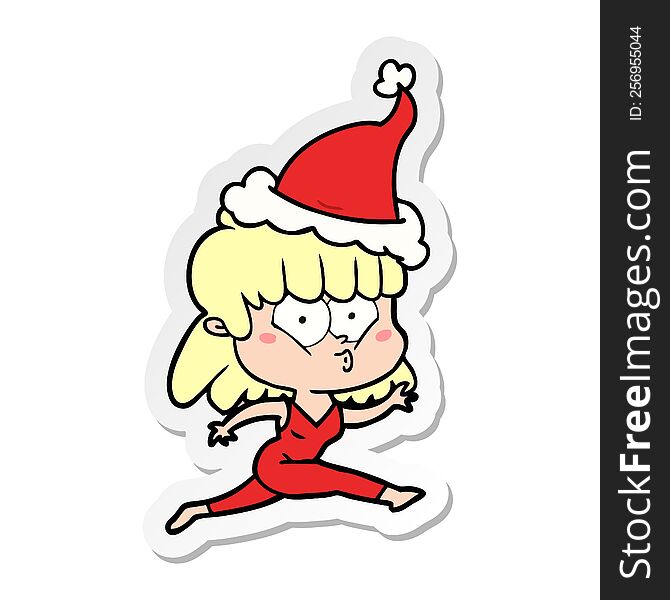 hand drawn sticker cartoon of a woman running wearing santa hat